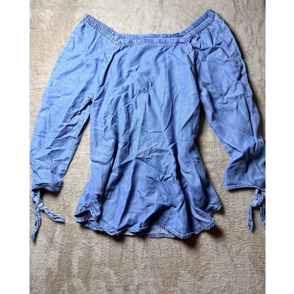 Liz Claiborne  Chambray Off Shoulder Top Tie Sleeve‎ Small Coastal Nautical Boho